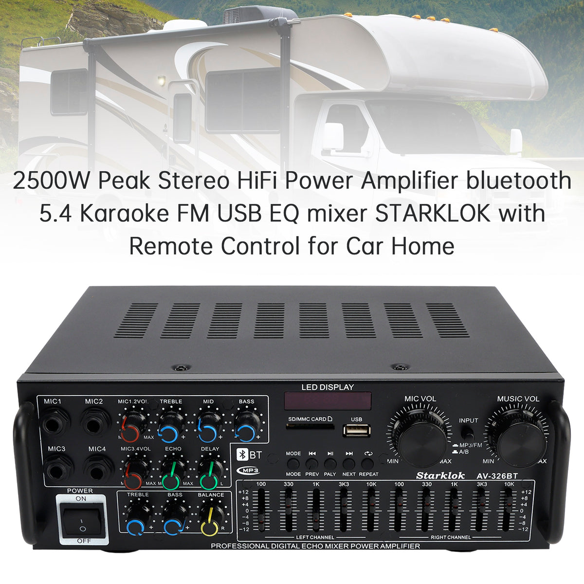 2500W Peak Stereo HiFi Power Amplifier Bluetooth5.4 Karaoke FM USB EQ Mixer 110V