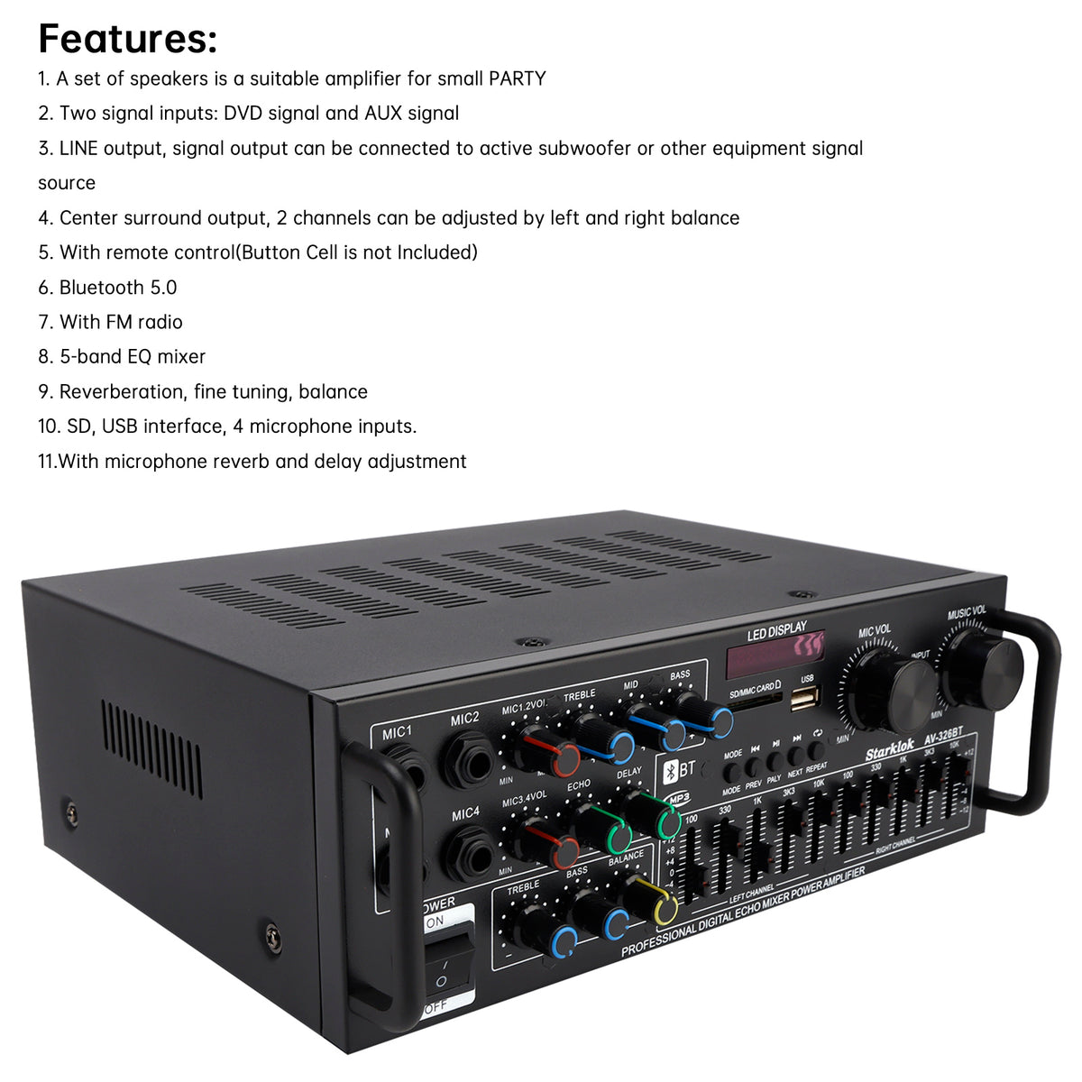 2500W Peak Stereo HiFi Power Amplifier Bluetooth5.4 Karaoke FM USB EQ Mixer 110V