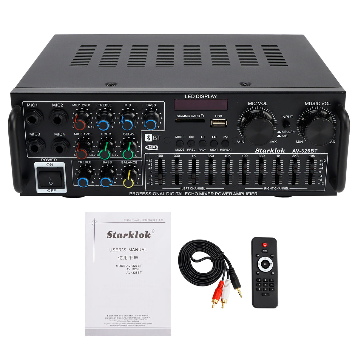 2500W Peak Stereo HiFi Power Amplifier Bluetooth5.4 Karaoke FM USB EQ Mixer 110V