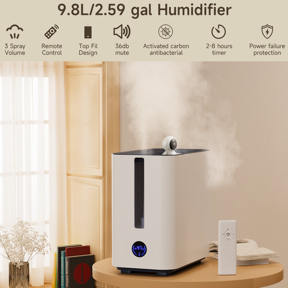 9.8L Large Capacity Humidifier 800ml/h Nano Four-Spray 50H Runtime 34dB Ultra-Quiet Top-Fill Smart Display with Timer & Auto Shut-Off