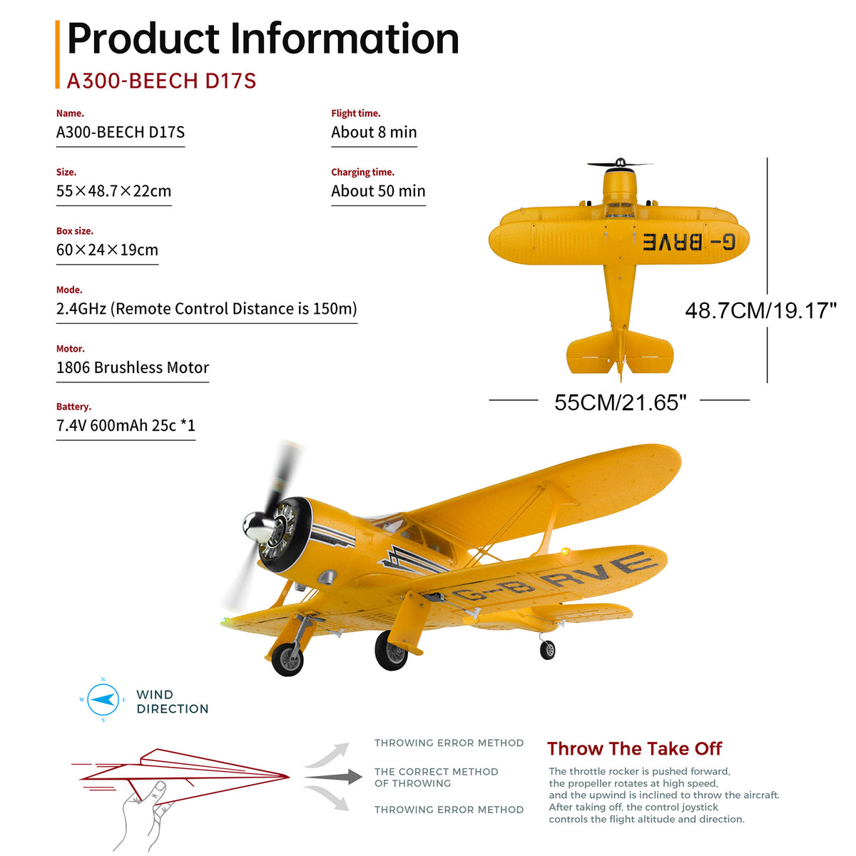 Wltoys D-17 A300 Brushless RC Airplane With Lights 6G/3D Mode 2.4Ghz Kid Toy