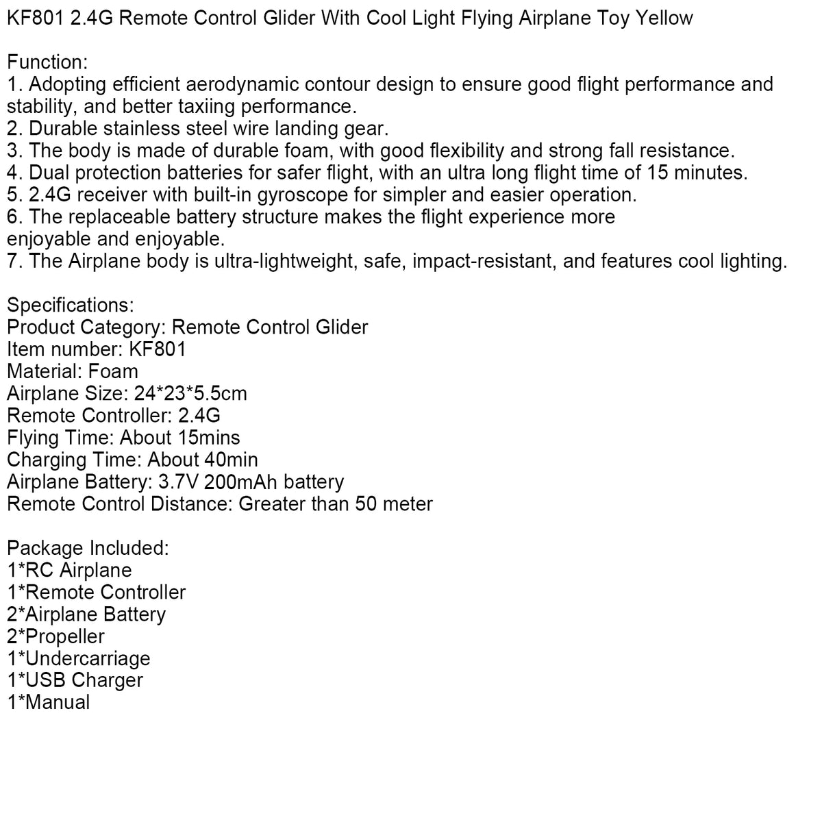 KF801 2.4G Remote Control Glider With Cool Light Flying Airplane Toy Yellow