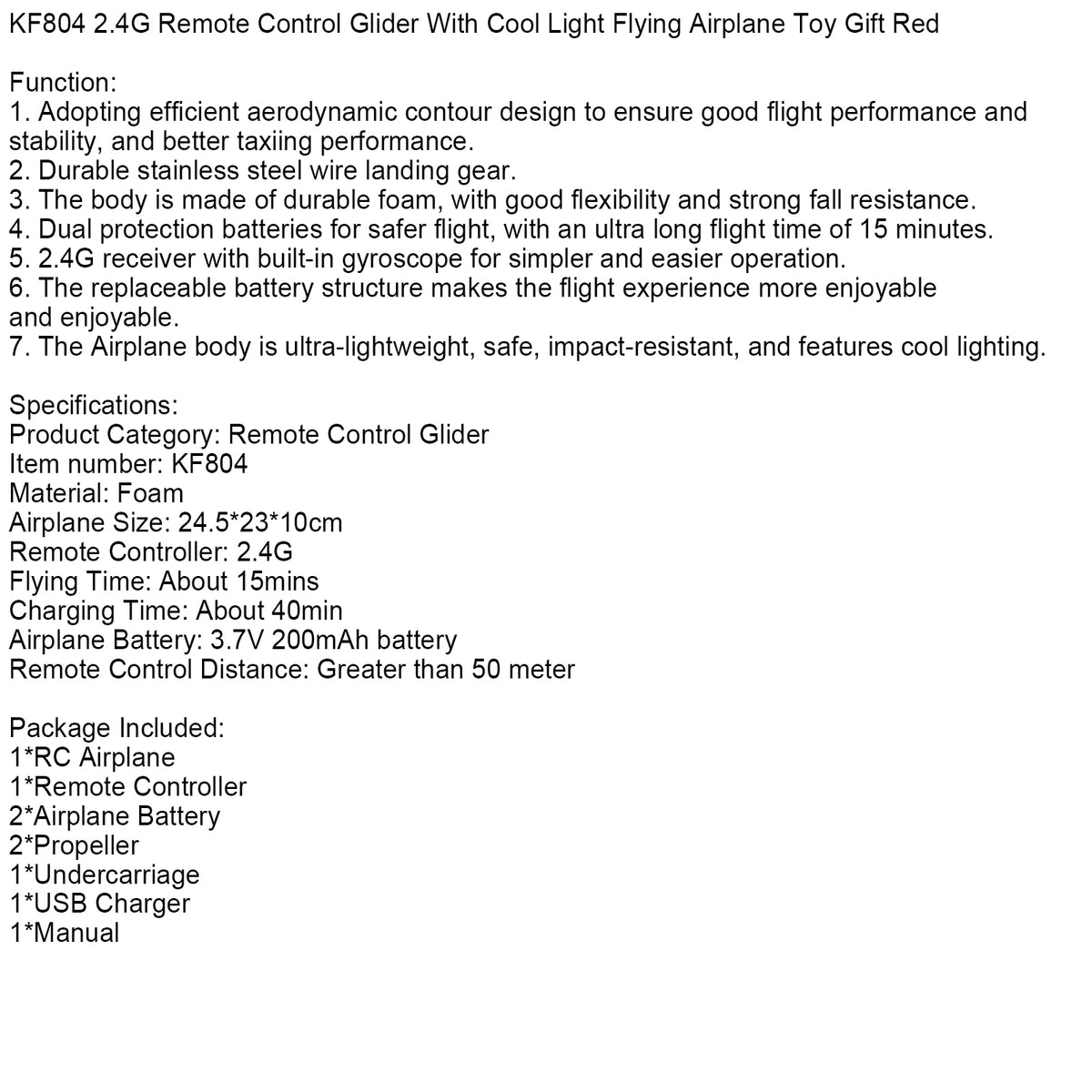 KF804 2.4G Remote Control Glider With Cool Light Flying Airplane Toy Gift Red