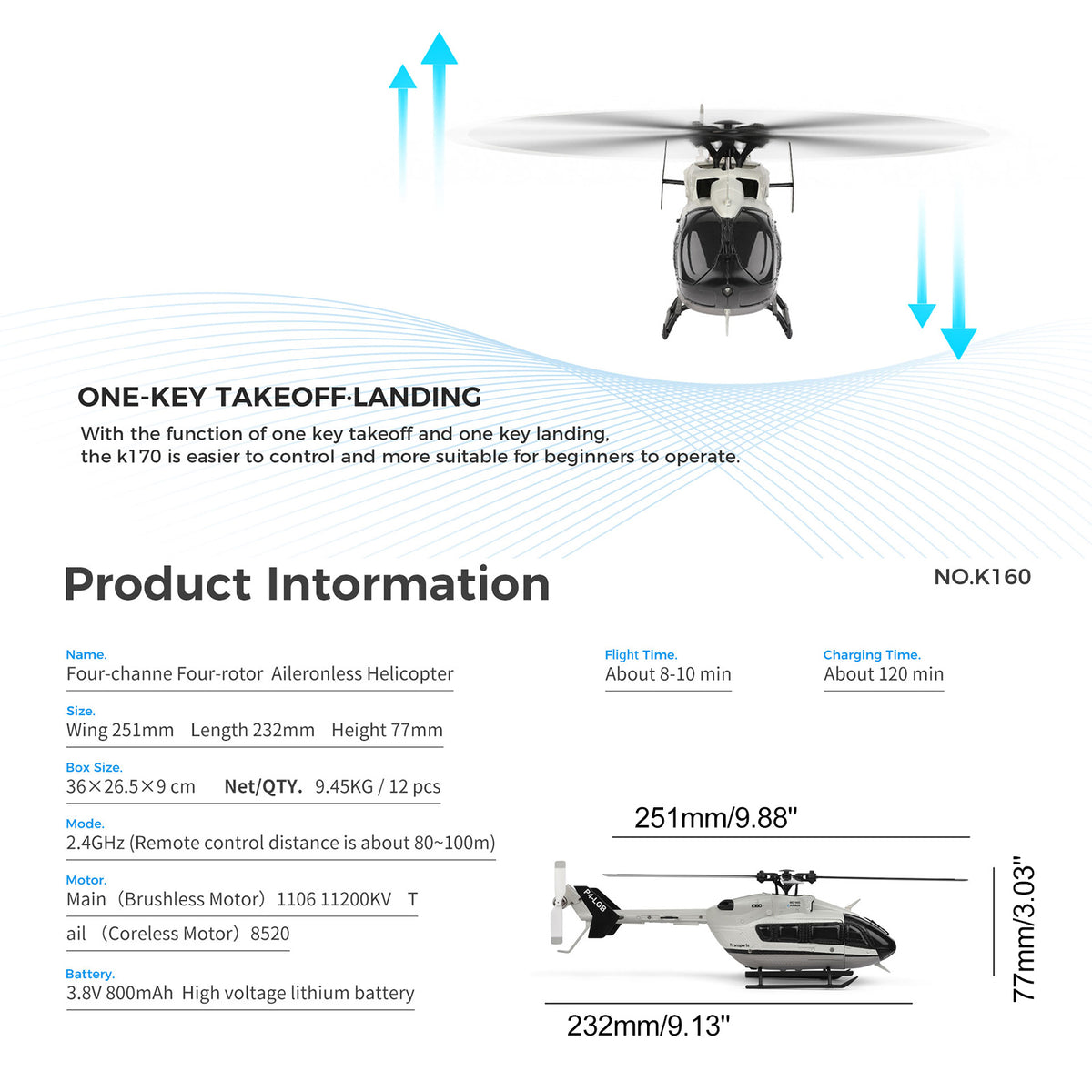 WLtoys K160 Brushless Motor 2.4Ghz 4CH 6-Axis Gyro EC-145 Model RC Helicopter