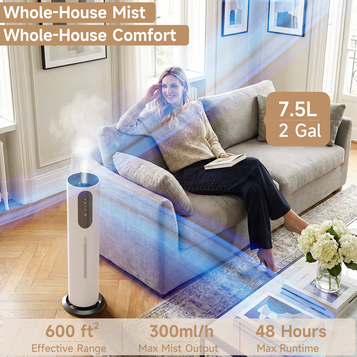 1.98gal/7.5L Bedroom Silent Humidifier Suitable for Large Room
