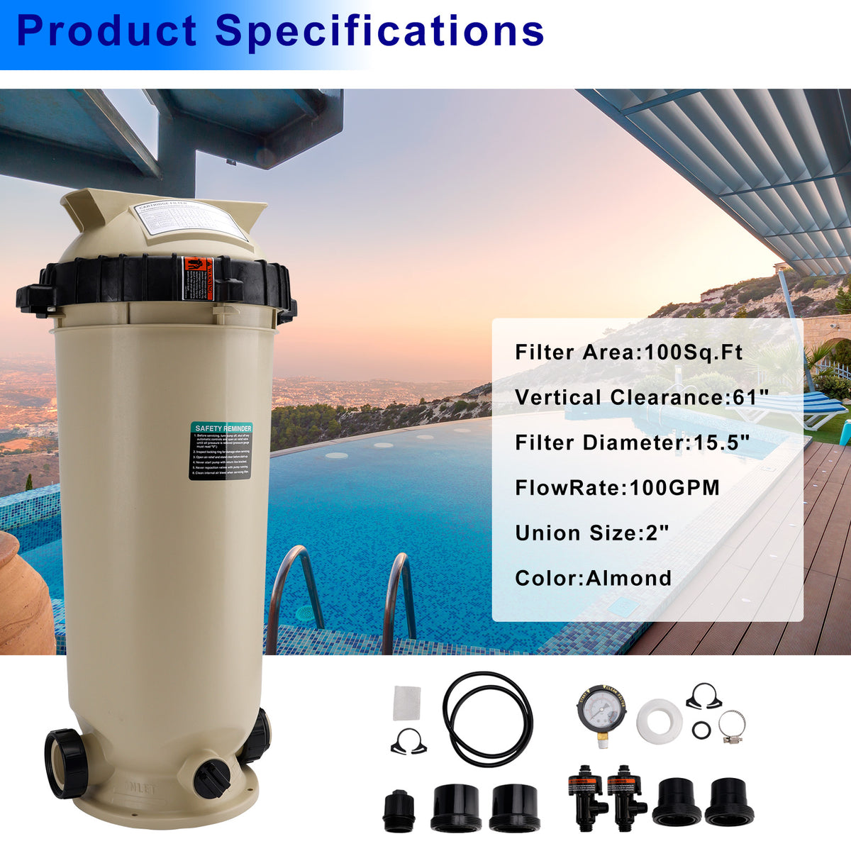 EC-160316 Cartridge Pool Filter Pump 100 GPM For Pentair Clean&Clear CC100 Pool