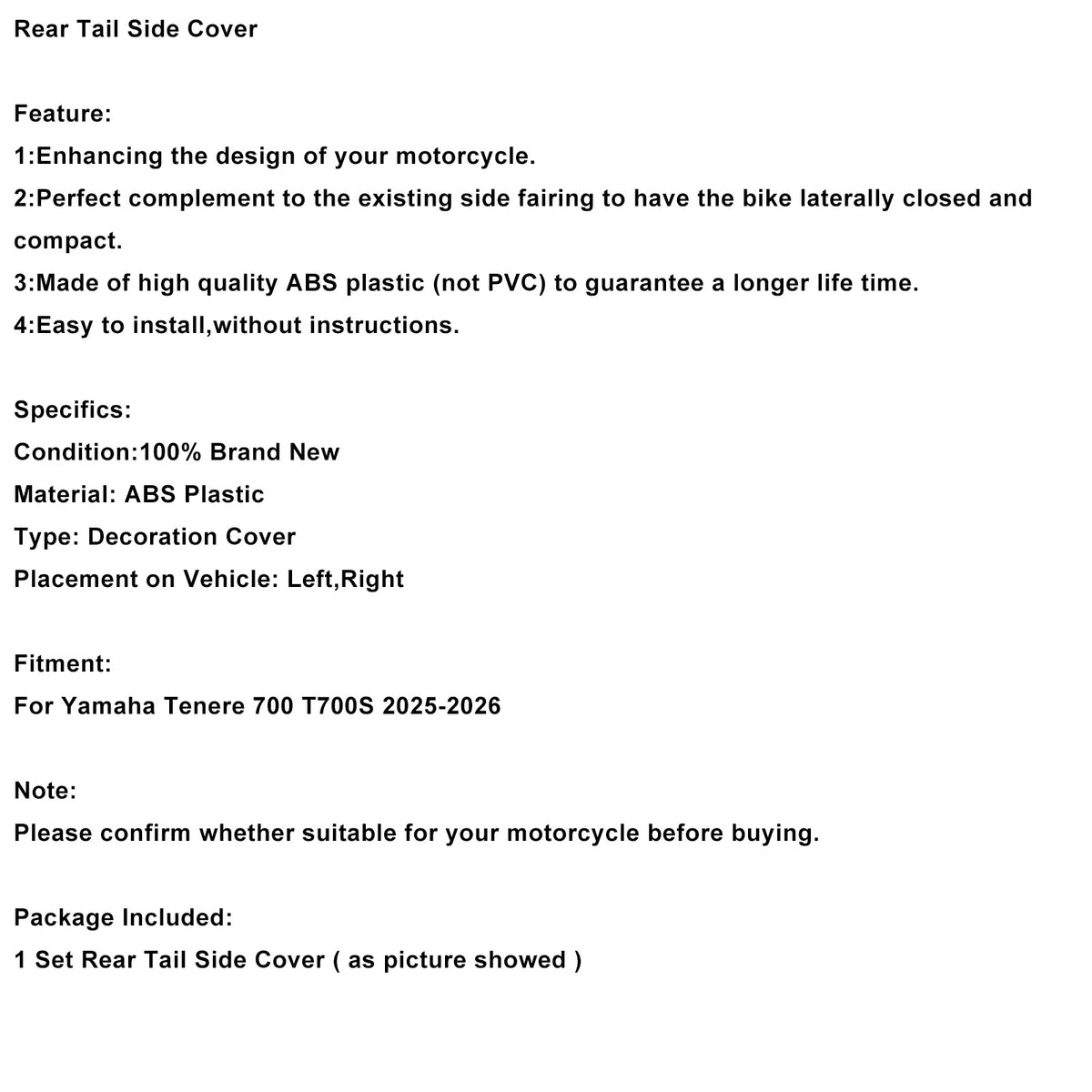 Rear Tail Side Cover Fairing For Yamaha Tenere 700 T700S 2025-2026 Matte Black