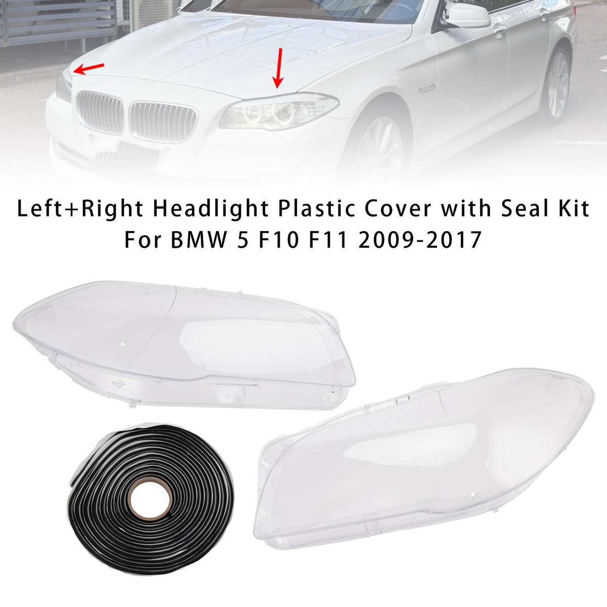Left+Right Headlight Plastic Cover with Seal Kit For BMW 5 F10 F11 2009-2017
