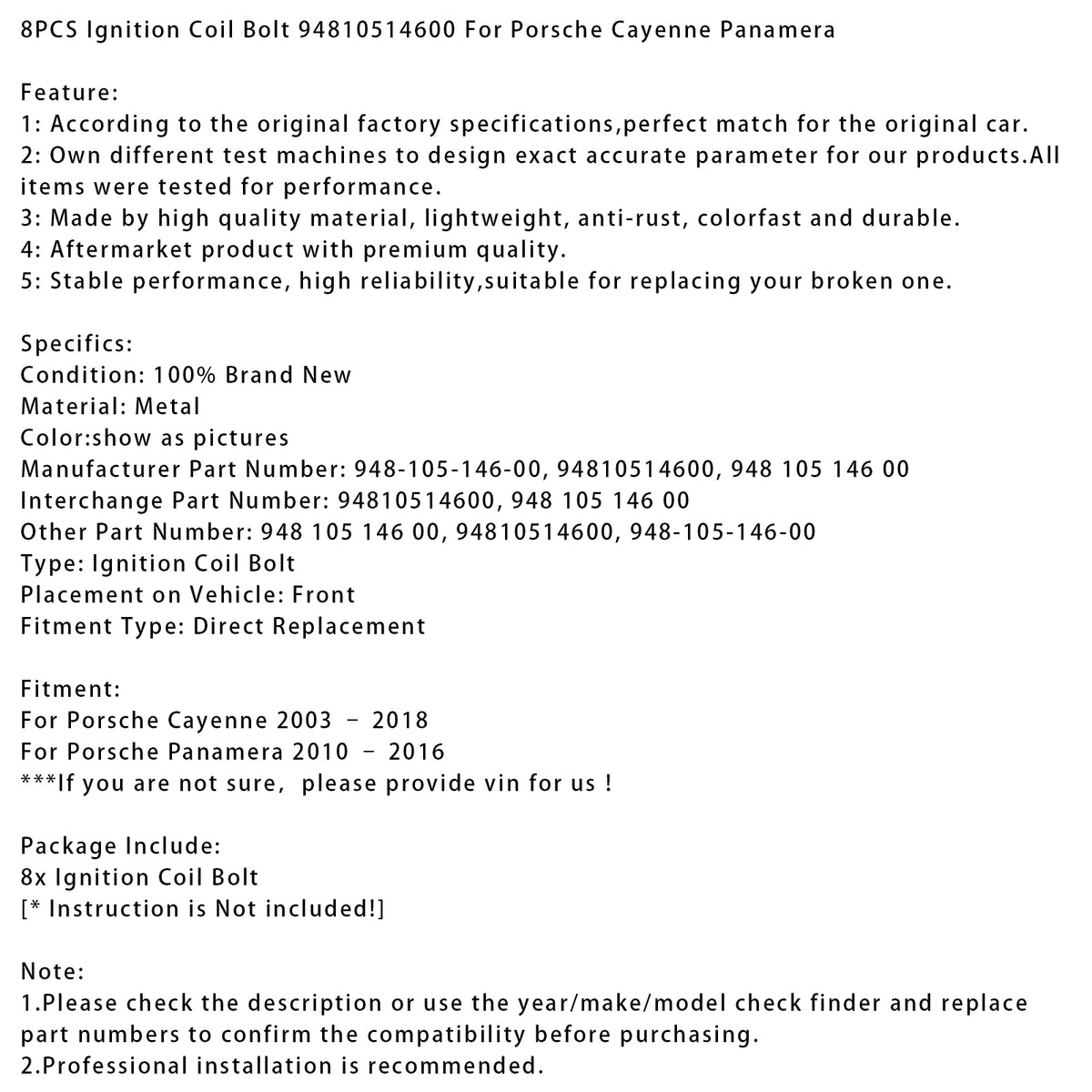 2003-2018 Porsche Cayenne 8PCS Ignition Coil Bolt 948-105-146-00 94810514600 Generic
