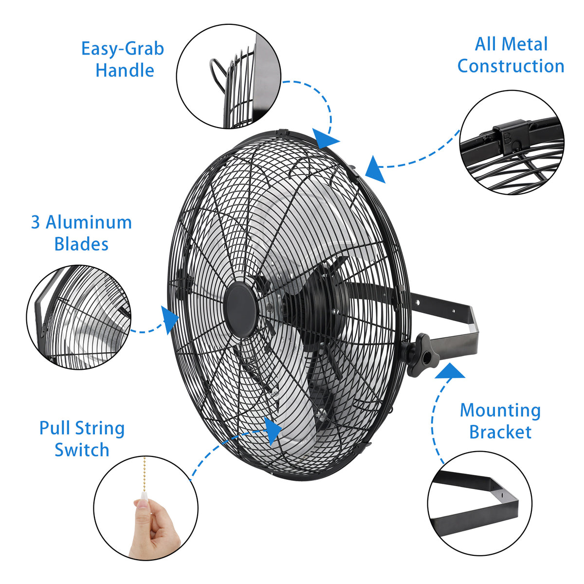 18 Inch Industrial Wall Mount Fan Metal 3 Speed Ventilation Shop Fan