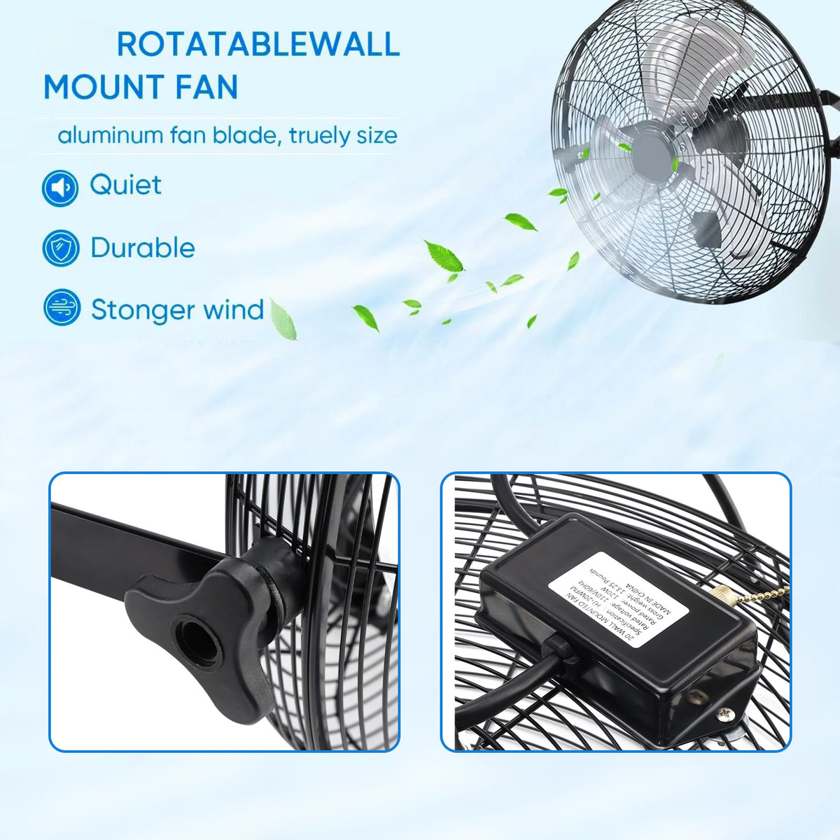 20 Inch Industrial Wall Mount Fan Metal 3 Speed Ventilation Shop Fan