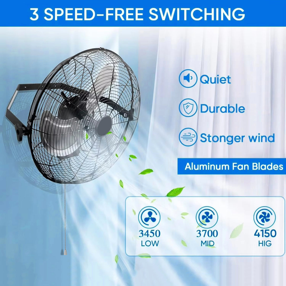 20 Inch Industrial Wall Mount Fan Metal 3 Speed Ventilation Shop Fan
