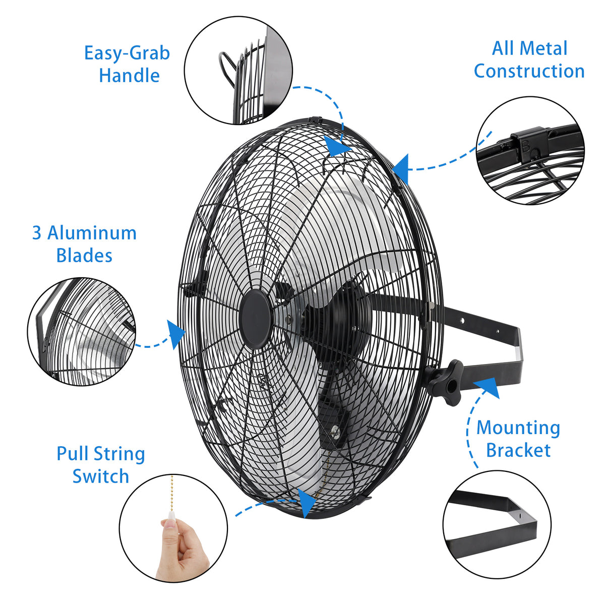 20 Inch Industrial Wall Mount Fan Metal 3 Speed Ventilation Shop Fan