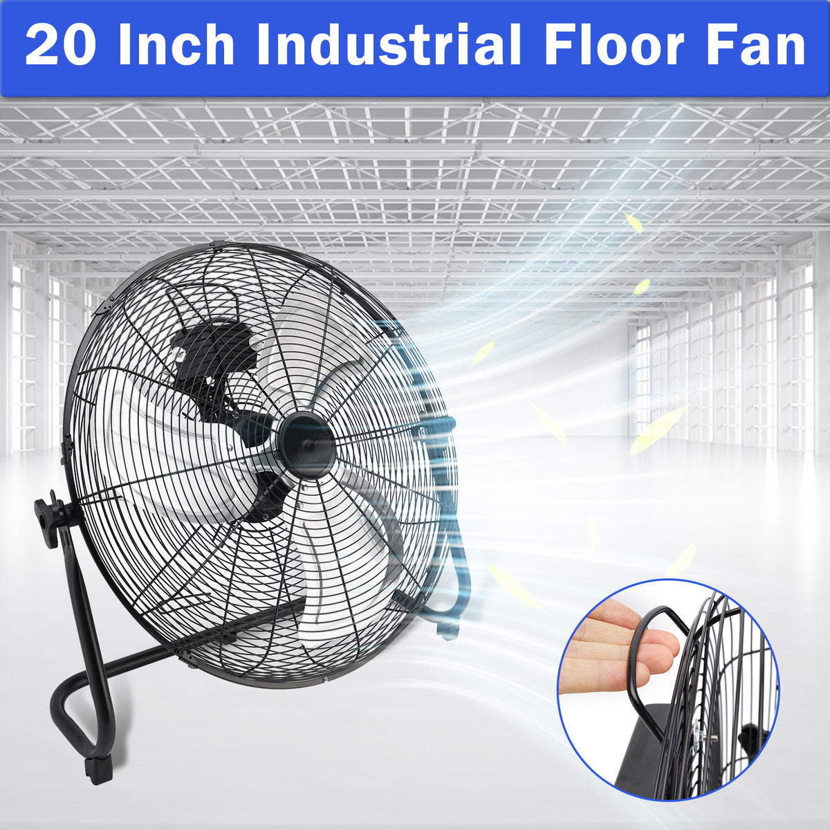 20 Inch High Velocity Industrial Cooling Floor Fan With 3 Speeds Tilt Head