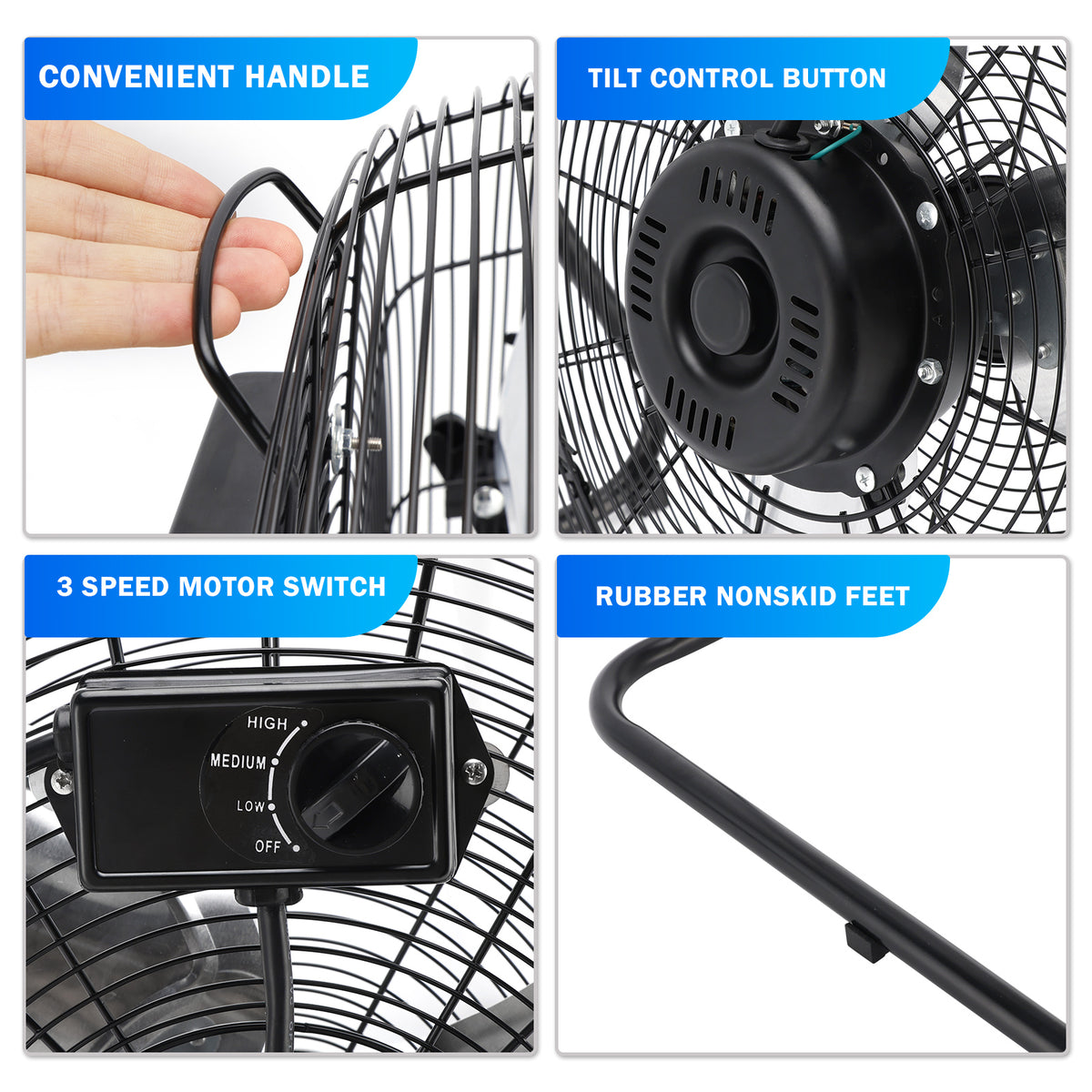 20 Inch High Velocity Industrial Cooling Floor Fan With 3 Speeds Tilt Head