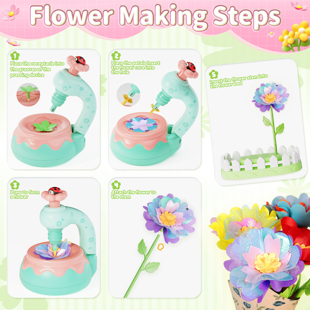 Flower Bouquet Making Kit DIY Flower Bouquets Craft Toy For 4+ Year Old Kid Pink