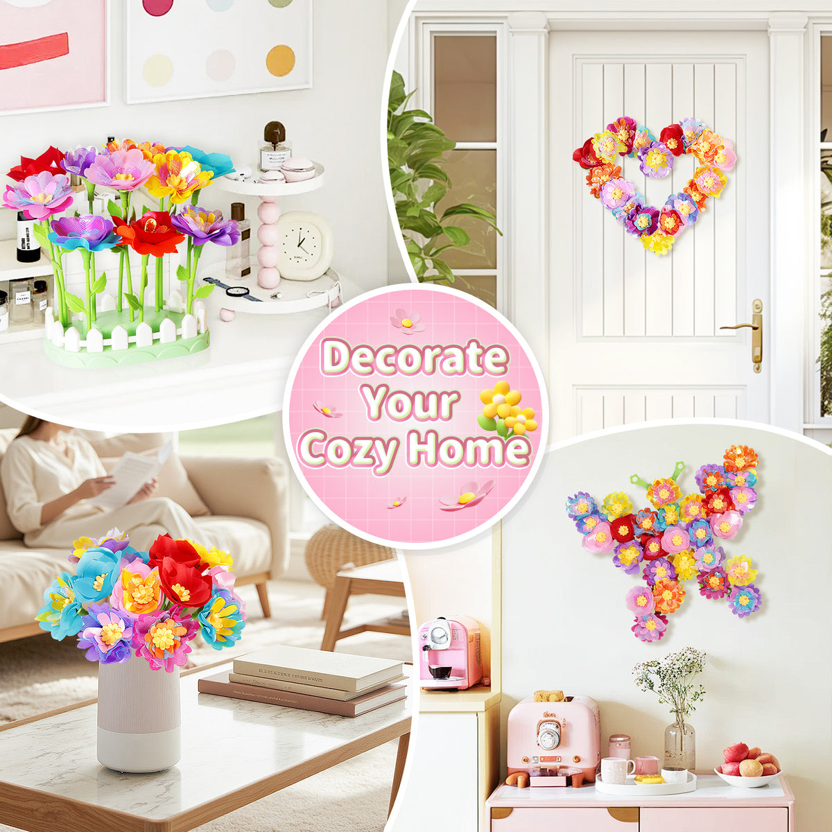 Flower Bouquet Making Kit DIY Flower Bouquets Craft Toy For 4+ Year Old Kid Pink