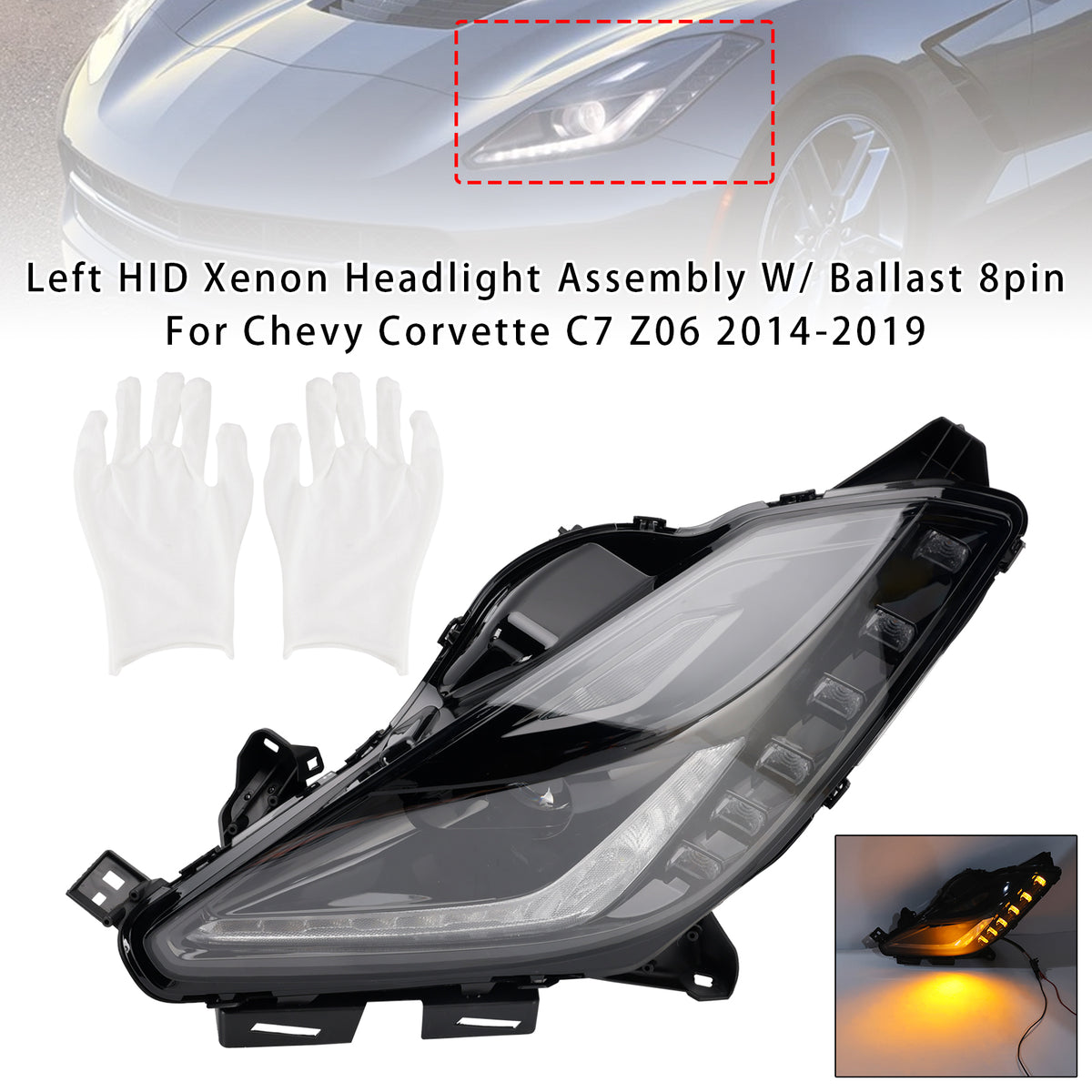 Left HID Xenon Headlight Assembly W/ Ballast 8pin For Corvette C7 Z06 2014-2019