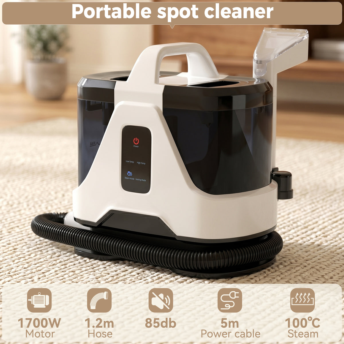 1700W Portable Carpet Cleaner Machine Dual-Water Tank 16Kpa Upholstery Cleaner