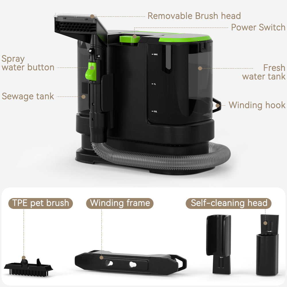 Portable Carpet Cleaner Machine Dual-Water Tank 16Kpa Upholstery Cleaner