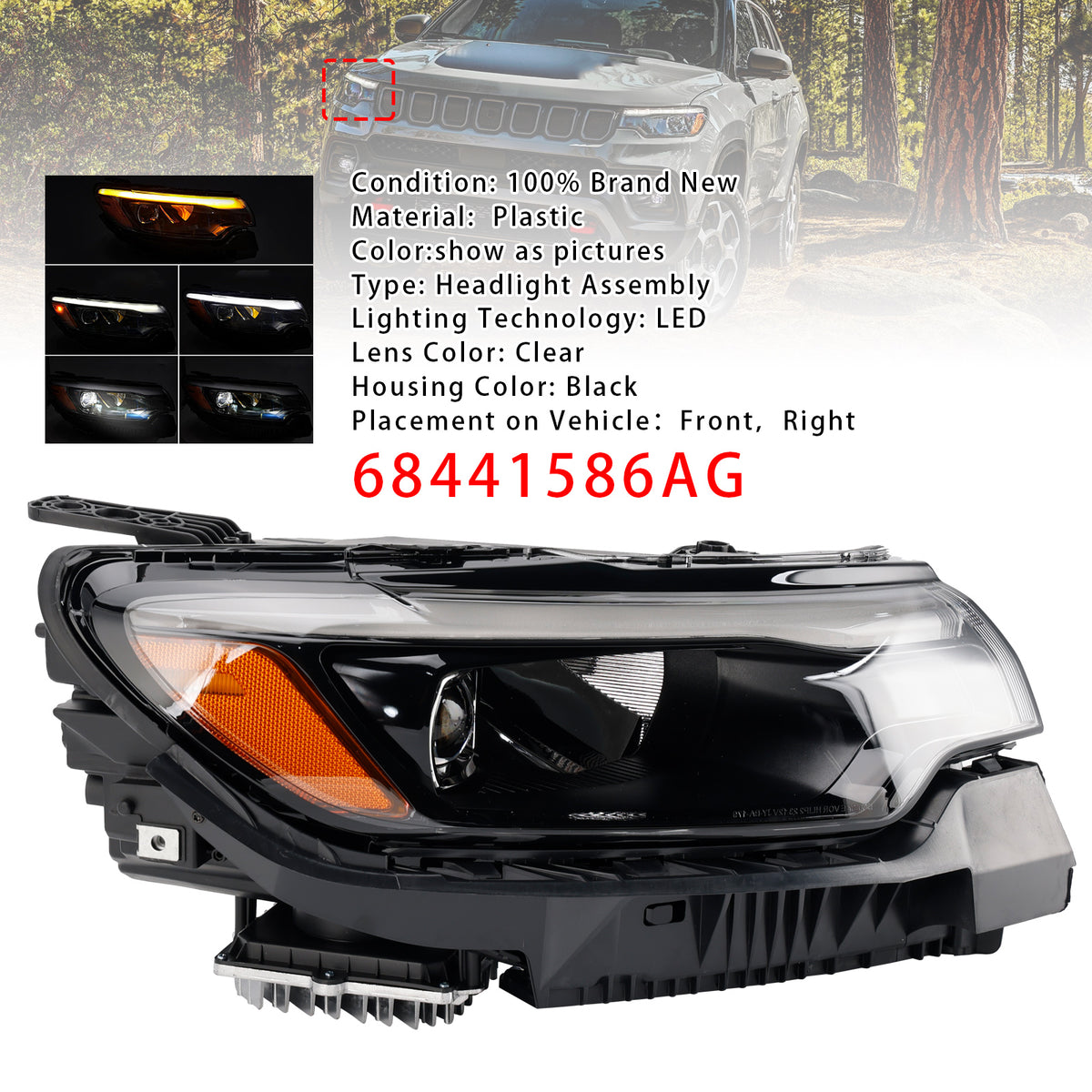Right Led Headlight Assembly 68441586AG For Jeep Compass 2022-2026