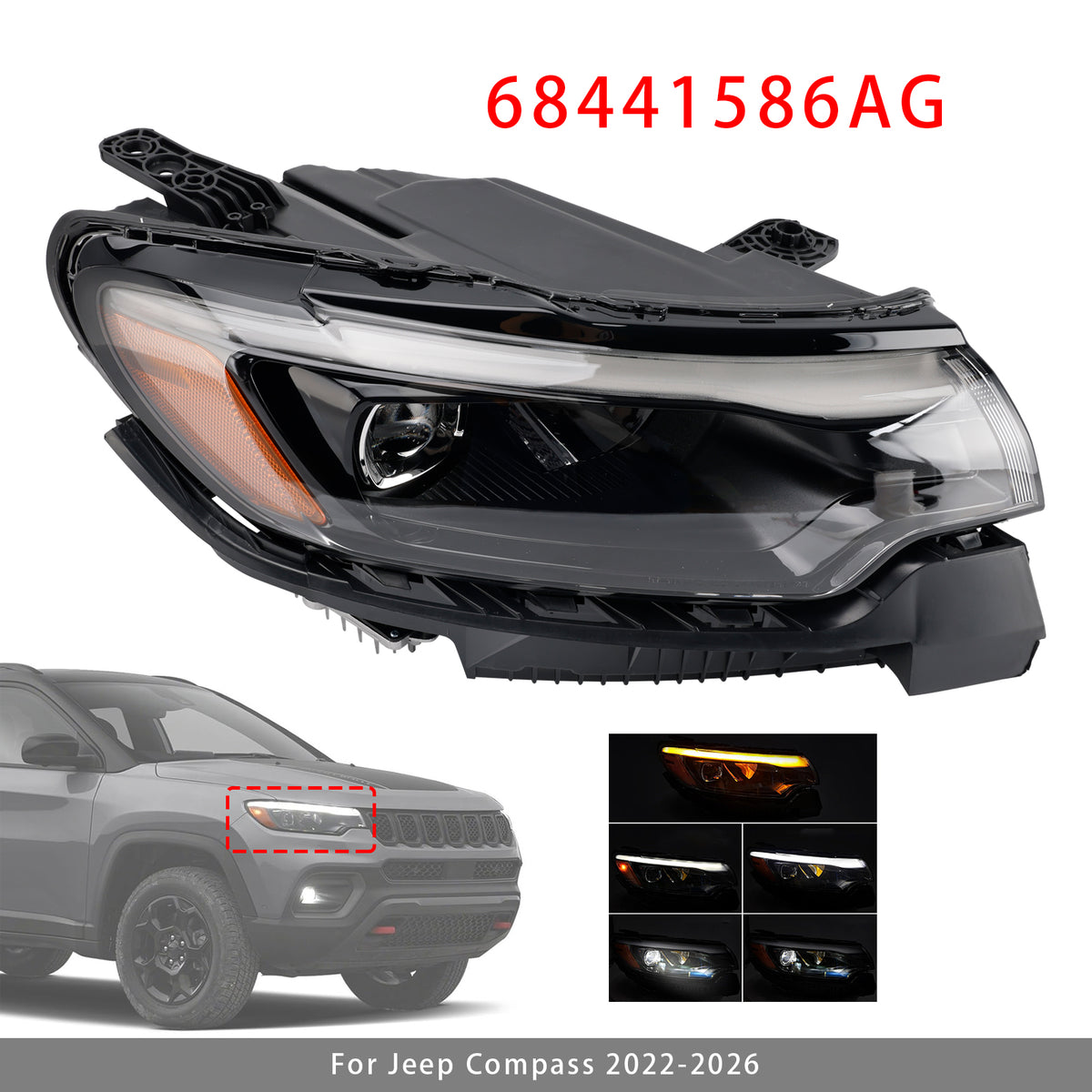 Right Led Headlight Assembly 68441586AG For Jeep Compass 2022-2026
