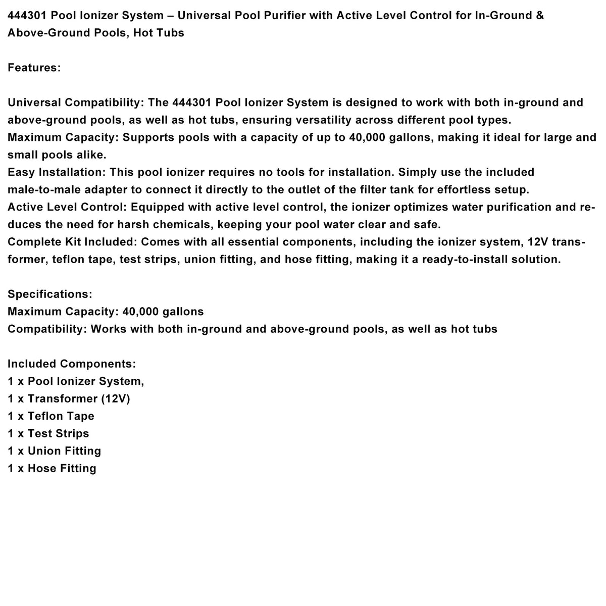 444301 Pool ionizer System