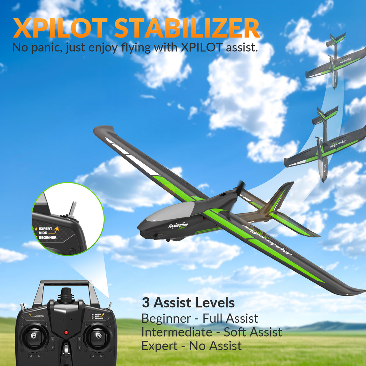 4CH 2.4GHz Remote Control Glider Airplane Rtf With 6 Axis Gyro 3 Modes Toy Black