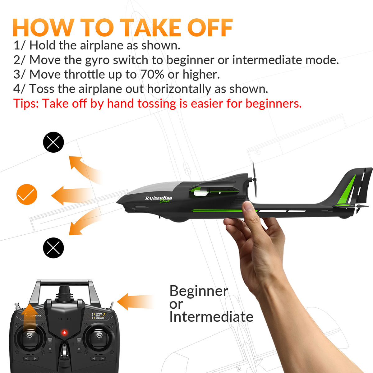 4CH 2.4GHz Remote Control Glider Airplane Rtf With 6 Axis Gyro 3 Modes Toy Black