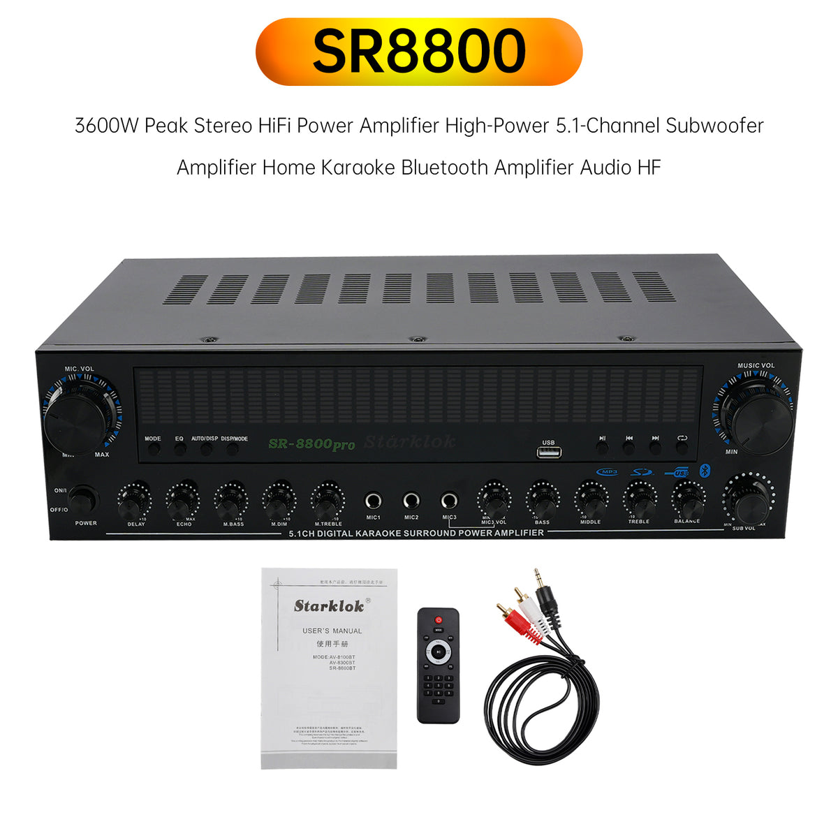 3600W Peak Stereo HiFi Power Bluetooth Amplifier High-Power 5.1 Subwoofer Home