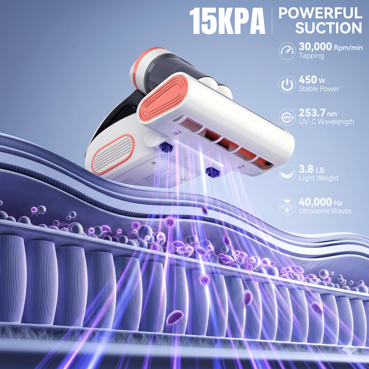 15KPa Cordless Mattress Vacuum Cleaner with UV Care & 140°F Heat