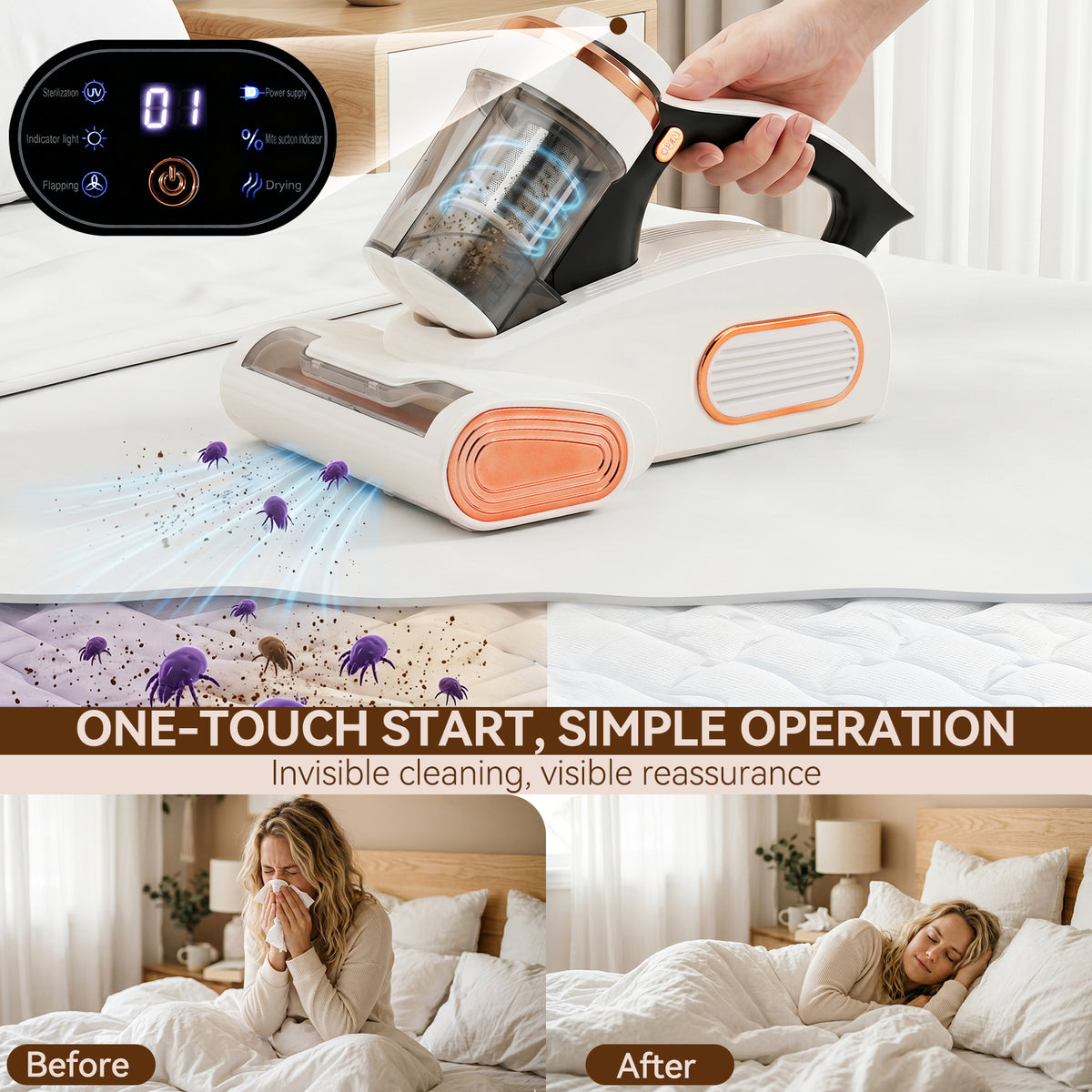 15KPa Cordless Mattress Vacuum Cleaner with UV Care & 140°F Heat