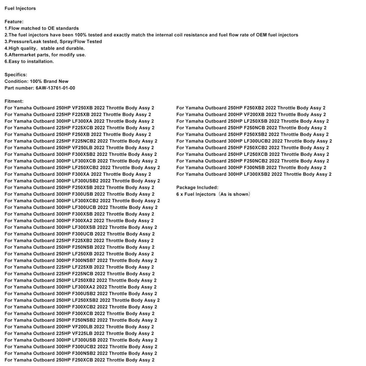 2022 Yamaha Outboard 300HP LF300XA2 6PC Fuel Injectors 6AW-13761-01-00 Generic