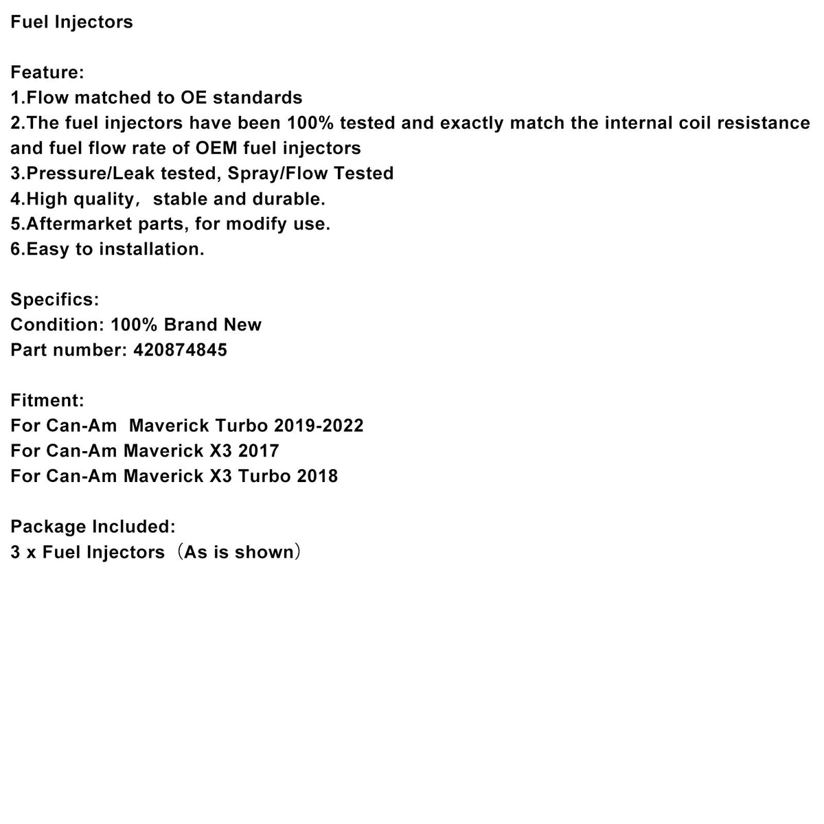 2017 Can-Am Maverick X3 3PC Fuel Injectors 420874845 Generic