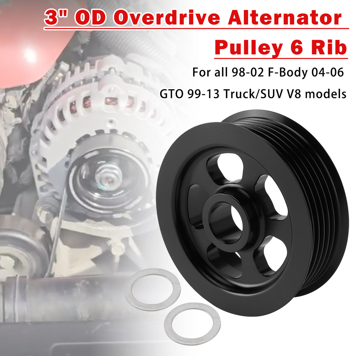 1999-2013 Truck/SUV V8 3" OD Overdrive Alternator Pulley 6 Rib Billet Aluminum Generic