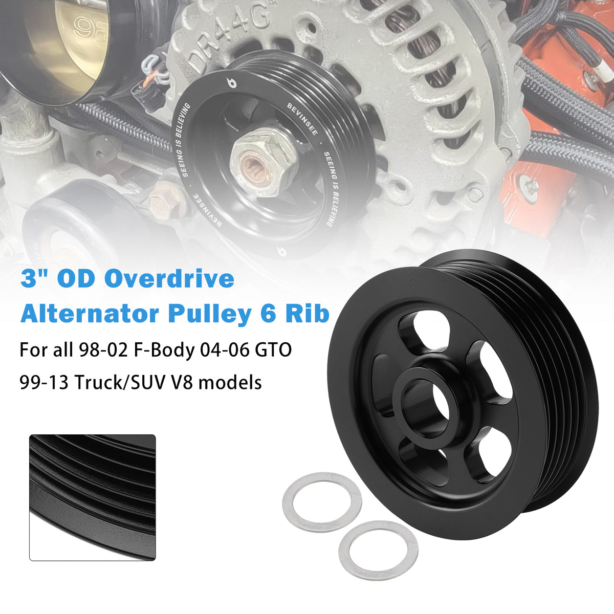 1999-2013 Truck/SUV V8 3" OD Overdrive Alternator Pulley 6 Rib Billet Aluminum Generic