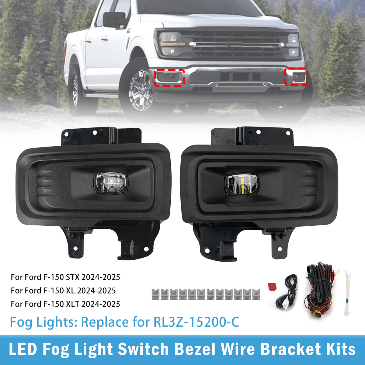 LED Fog Light Switch Bezel Wire Bracket Kits For Ford F150 STX XL XLT 2024-2025