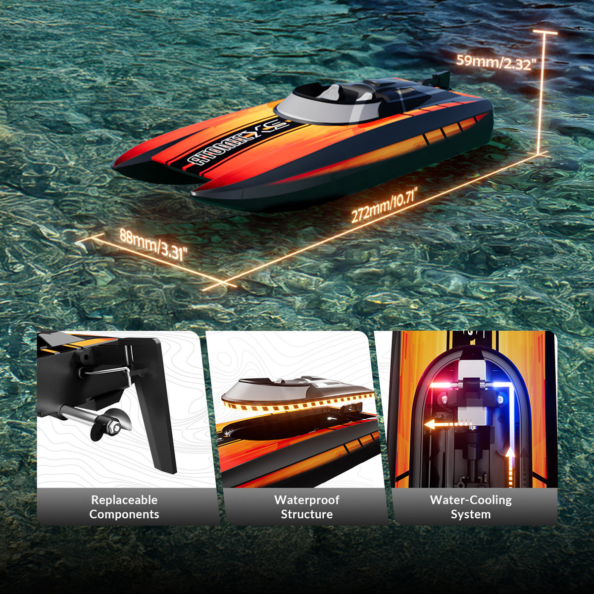 2.4Ghz Mini Remote Control Boat For Water Pool Lake Water Toy 2 Batteries Orange