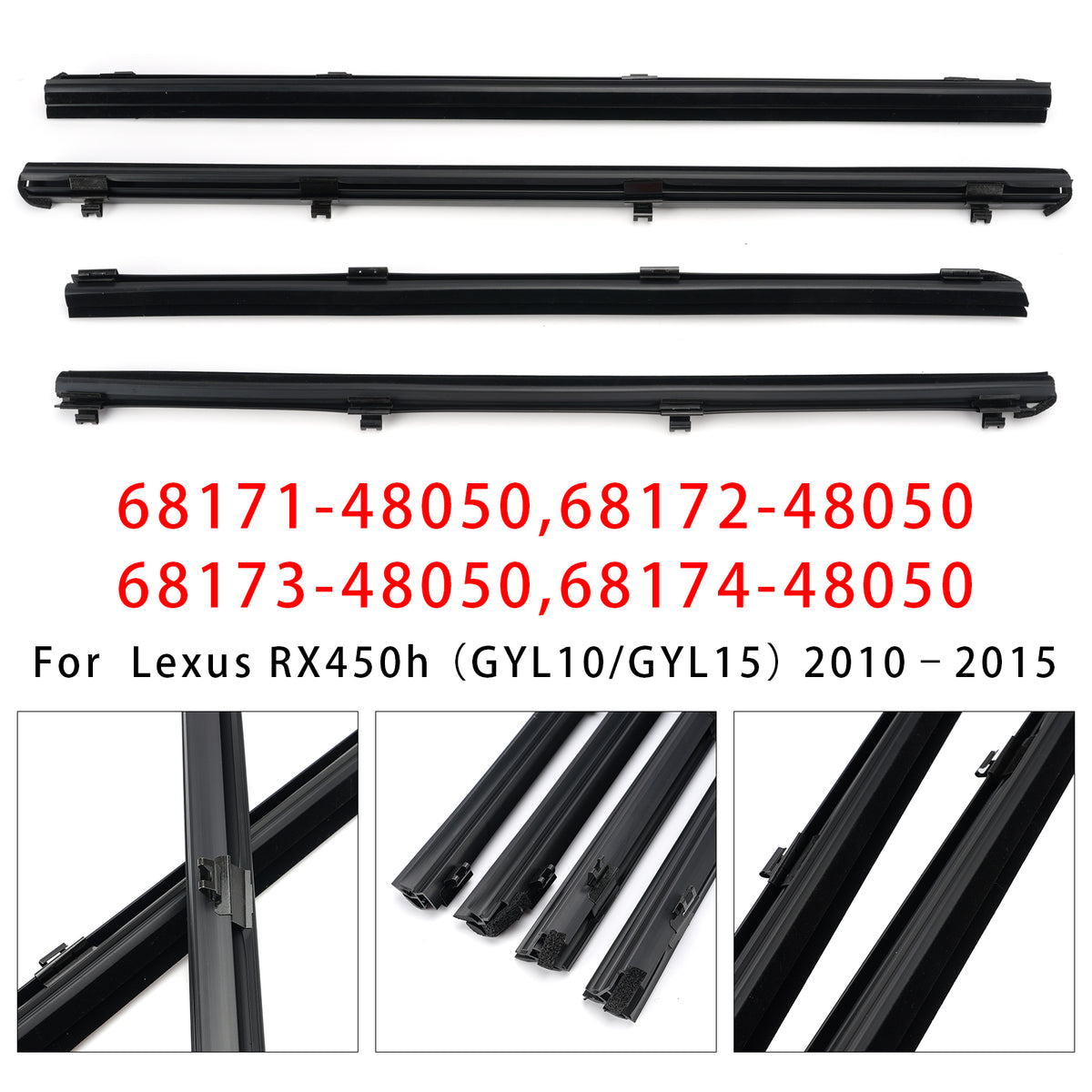 2010-2015 Lexus RX350(GGL10/GGL15) 4Pcs Inner Door Glass Weatherstrip 68171-48050 68172-48050 Generic
