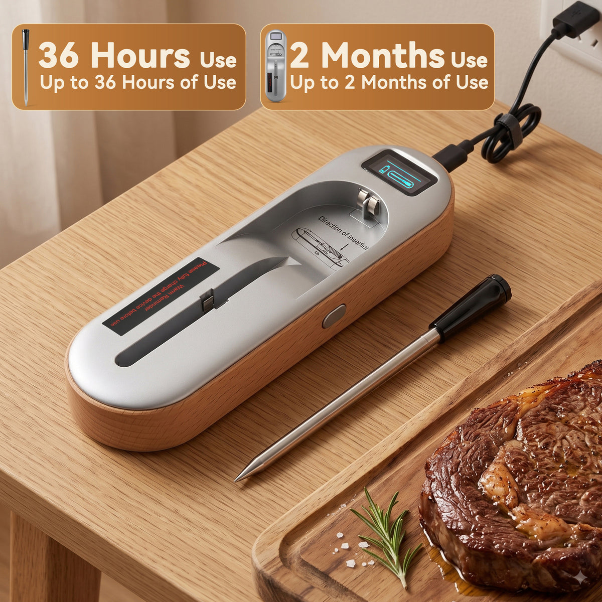 Wireless Meat Thermometer 2‑Sensor Cooking Probe with Booster Repeater IPX7 Waterproof