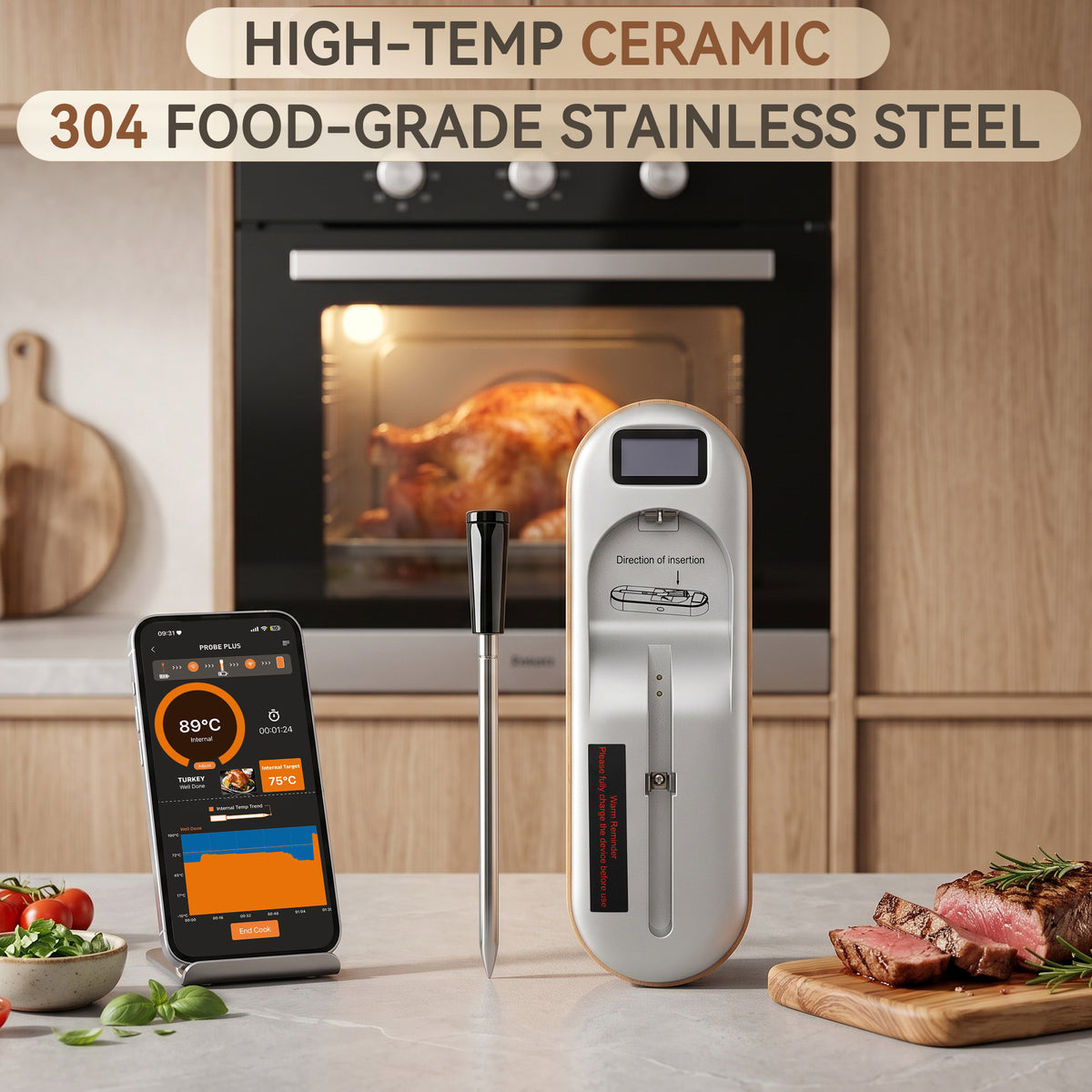 Wireless Meat Thermometer 2‑Sensor Cooking Probe with Booster Repeater IPX7 Waterproof