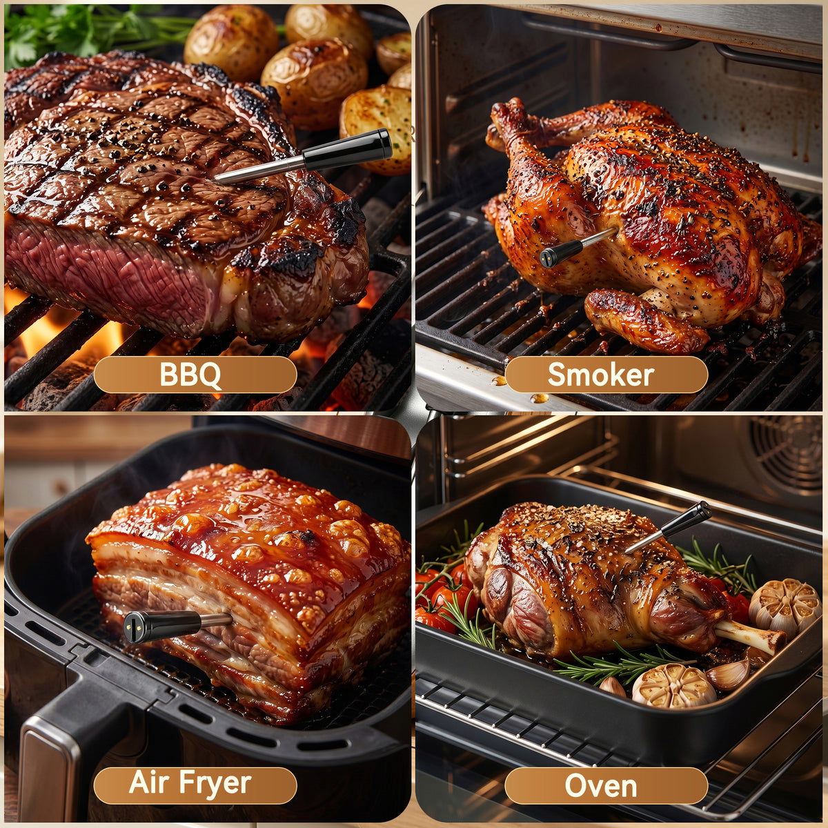 Wireless Meat Thermometer 2‑Sensor Cooking Probe with Booster Repeater IPX7 Waterproof