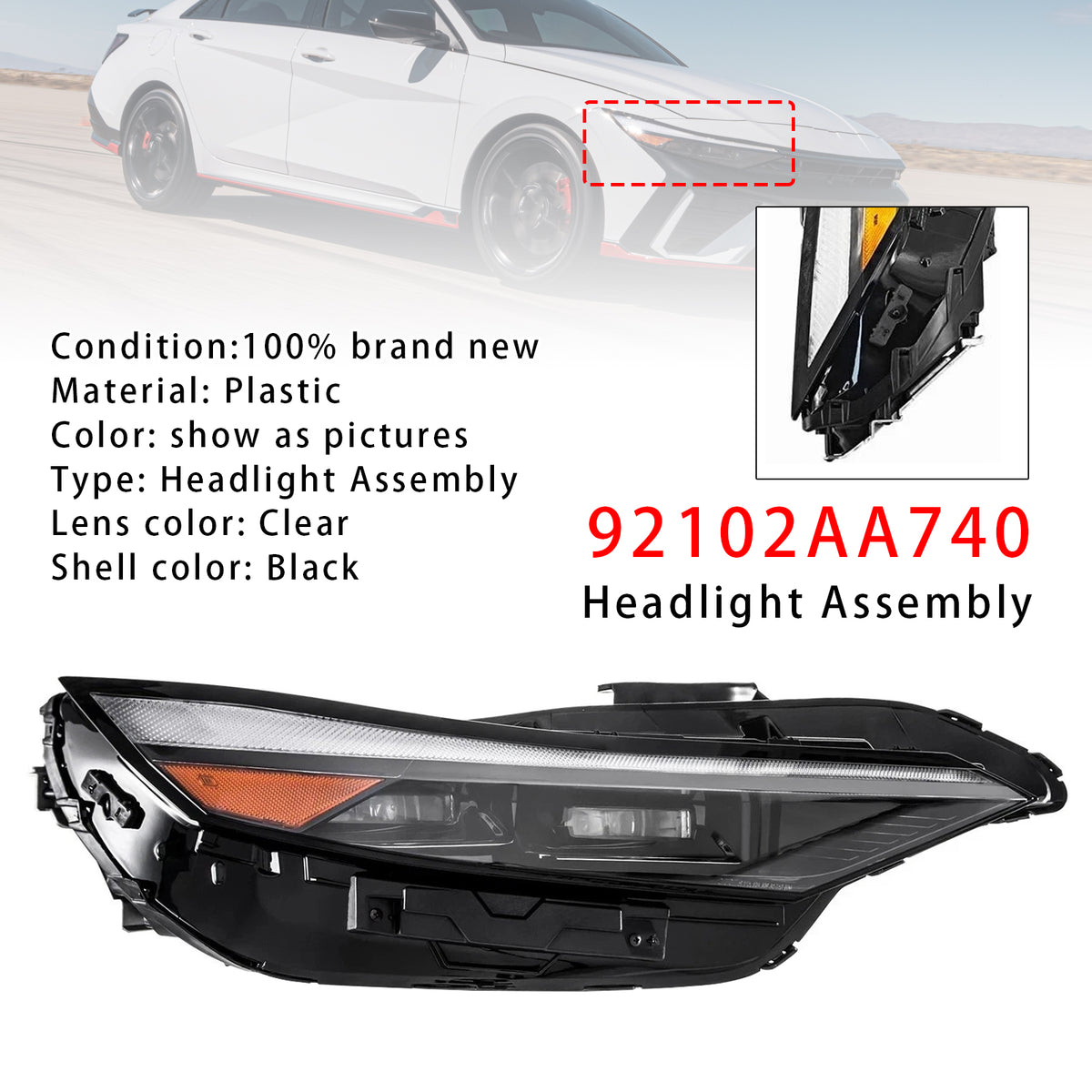 Right LED Headlight Assembly 92102AA740 For Hyundai Elantra 2024-2025