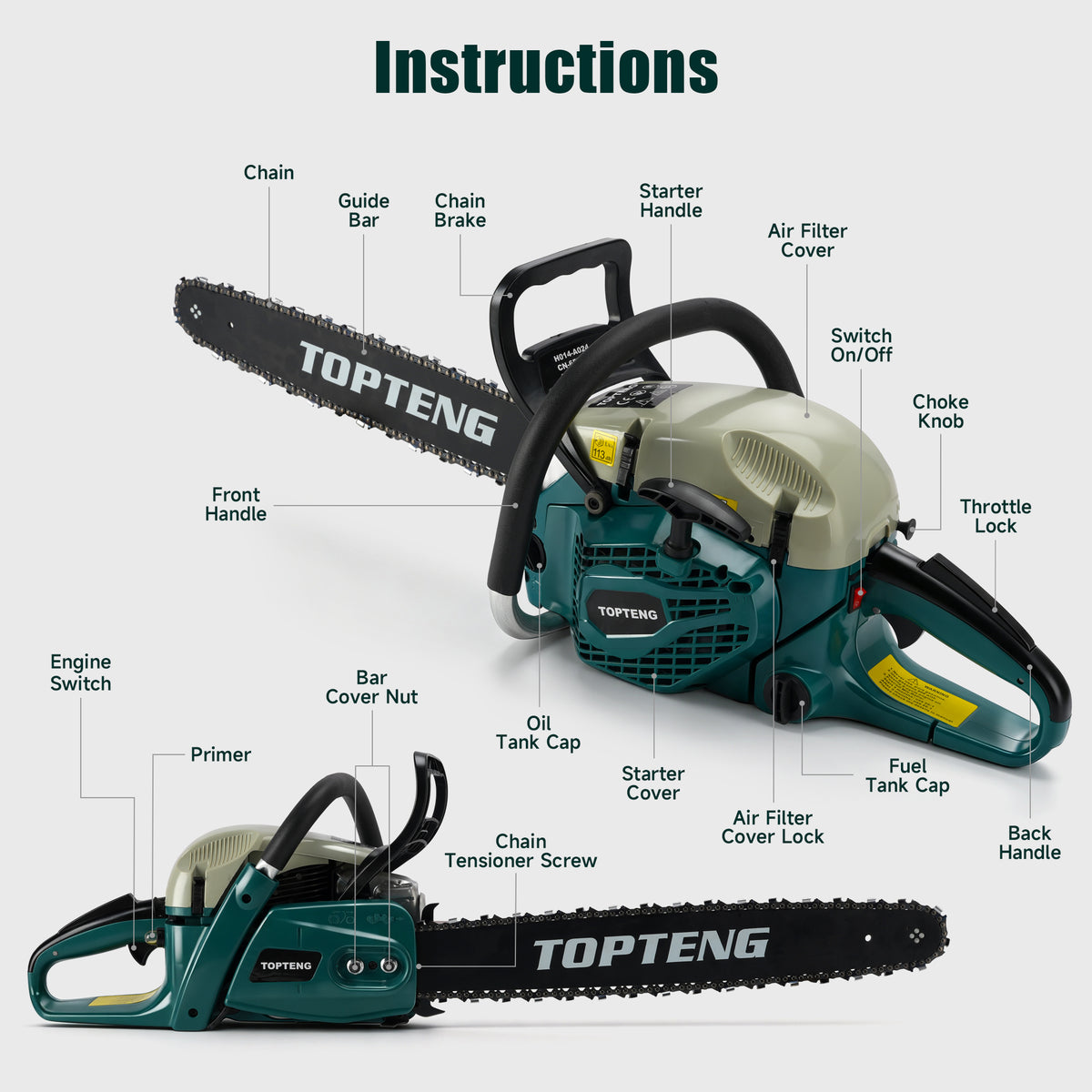 TopTeng 65cc Gas Chainsaw with 22 Inch Guide Bar