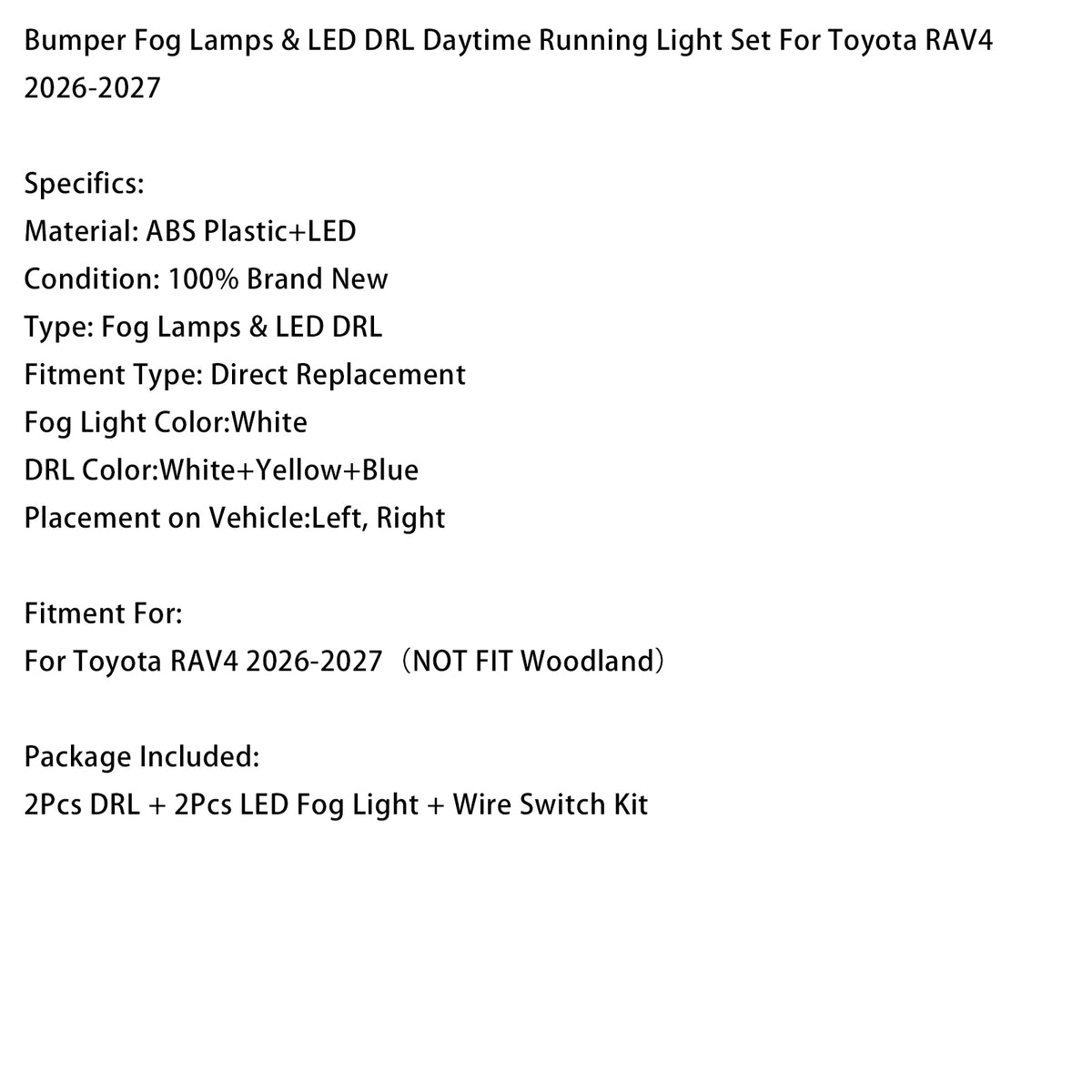 Fog Lamps & LED DRL Daytime Running Light Set For Toyota RAV4 2026-2027