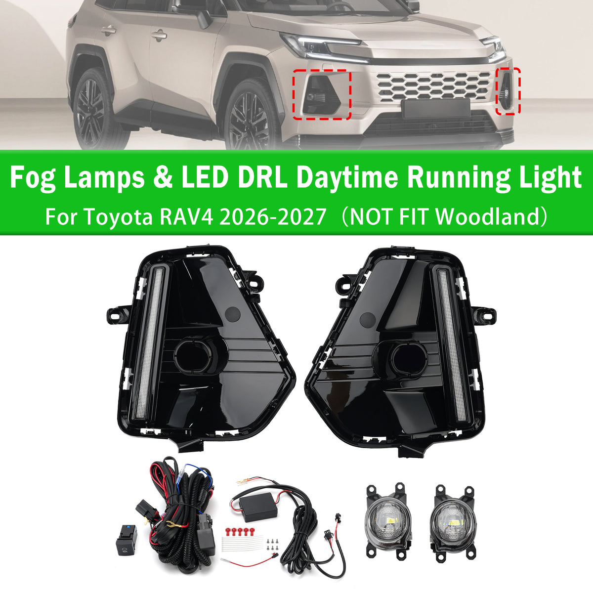 Fog Lamps & LED DRL Daytime Running Light Set For Toyota RAV4 2026-2027