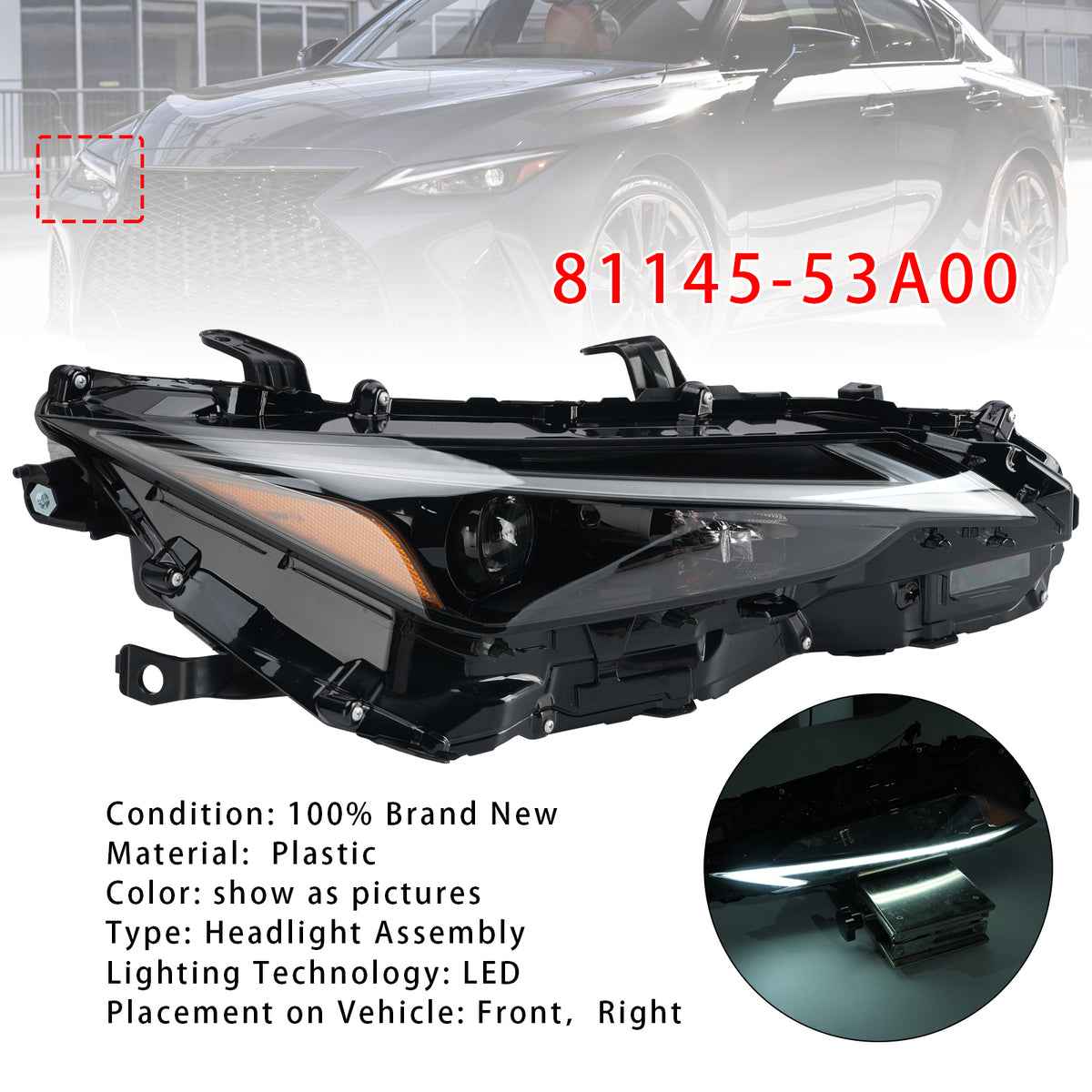 Right LED Headlight 81145-53A00 For Lexus IS300 IS350 2021-2023