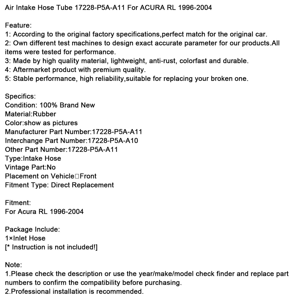 Air Intake Hose Tube 17228-P5A-A11 For ACURA RL 1996-2004
