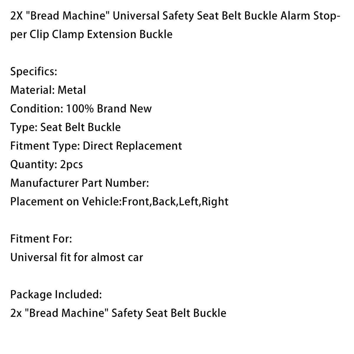 2X Bread Machine Universal Safety Seat Belt Buckle Alarm Stopper Extension Buckle