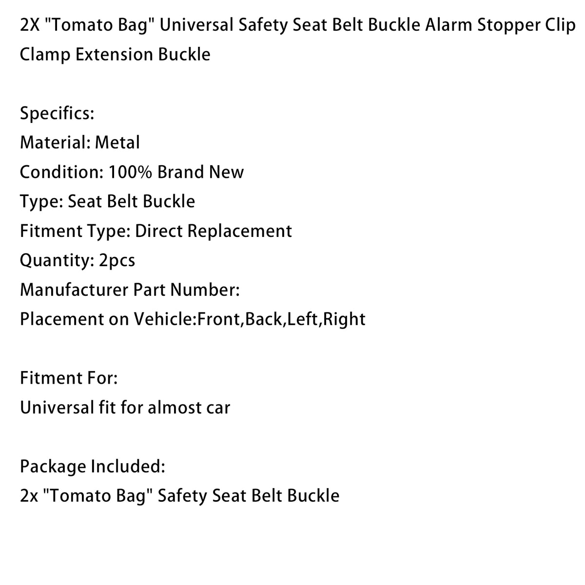 2X Tomato Bag Universal Safety Seat Belt Buckle Alarm Stopper Extension Buckle